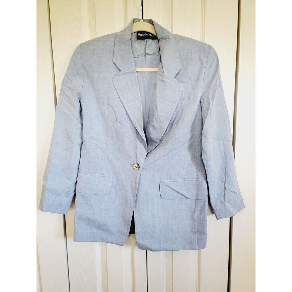 Anne Klein II Women's 4P Silk Blazer Light Blue VTG Shoulder Pads Lined